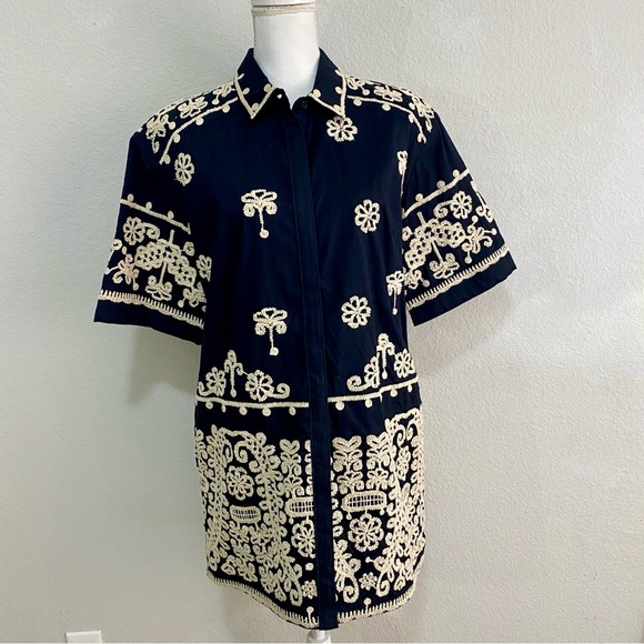 Maeve Anthropologie Embroidered Shirt Dress Small Black Cream Ornate Cotton - Picture 2 of 8